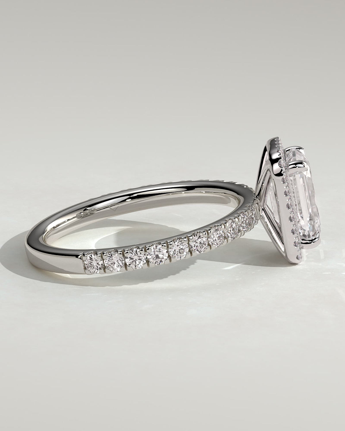 Analyce - Emerald Claw Solitaire with Halo and Pave Band Engagement Ring - White Gold