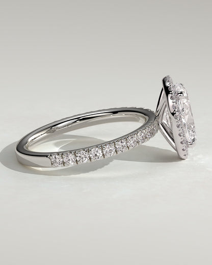 Aurora - Oval Claw Solitaire with Halo and Pave Band Engagement Ring - Platinum