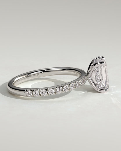 Gwyneth - Emerald Claw Solitaire with Hidden Halo and Pave Band Engagement Ring - White Gold