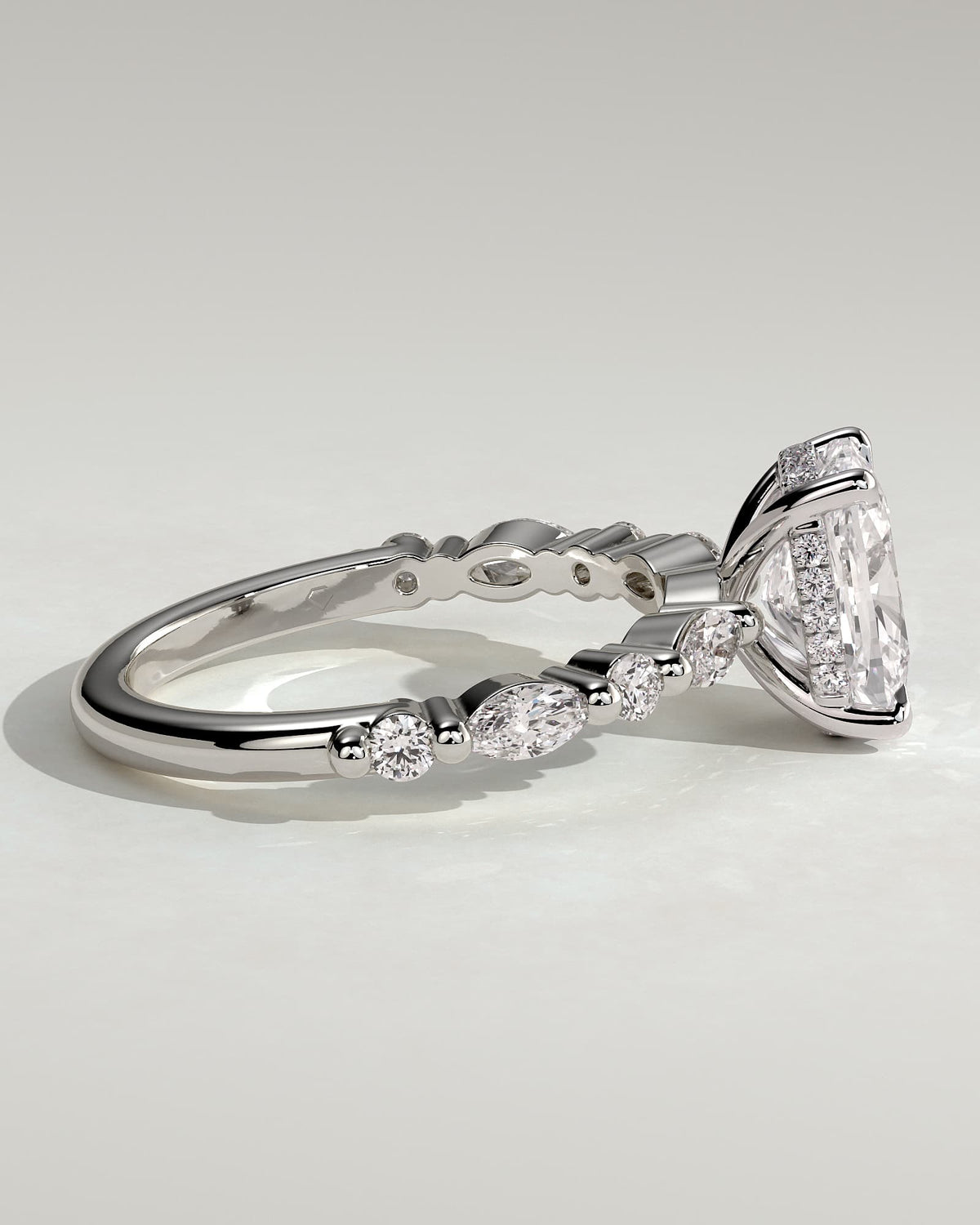 Cali - Elongated Cushion Claw Solitaire with Marquise-Round Accent Stones and Hidden Halo Engagement Ring - White Gold