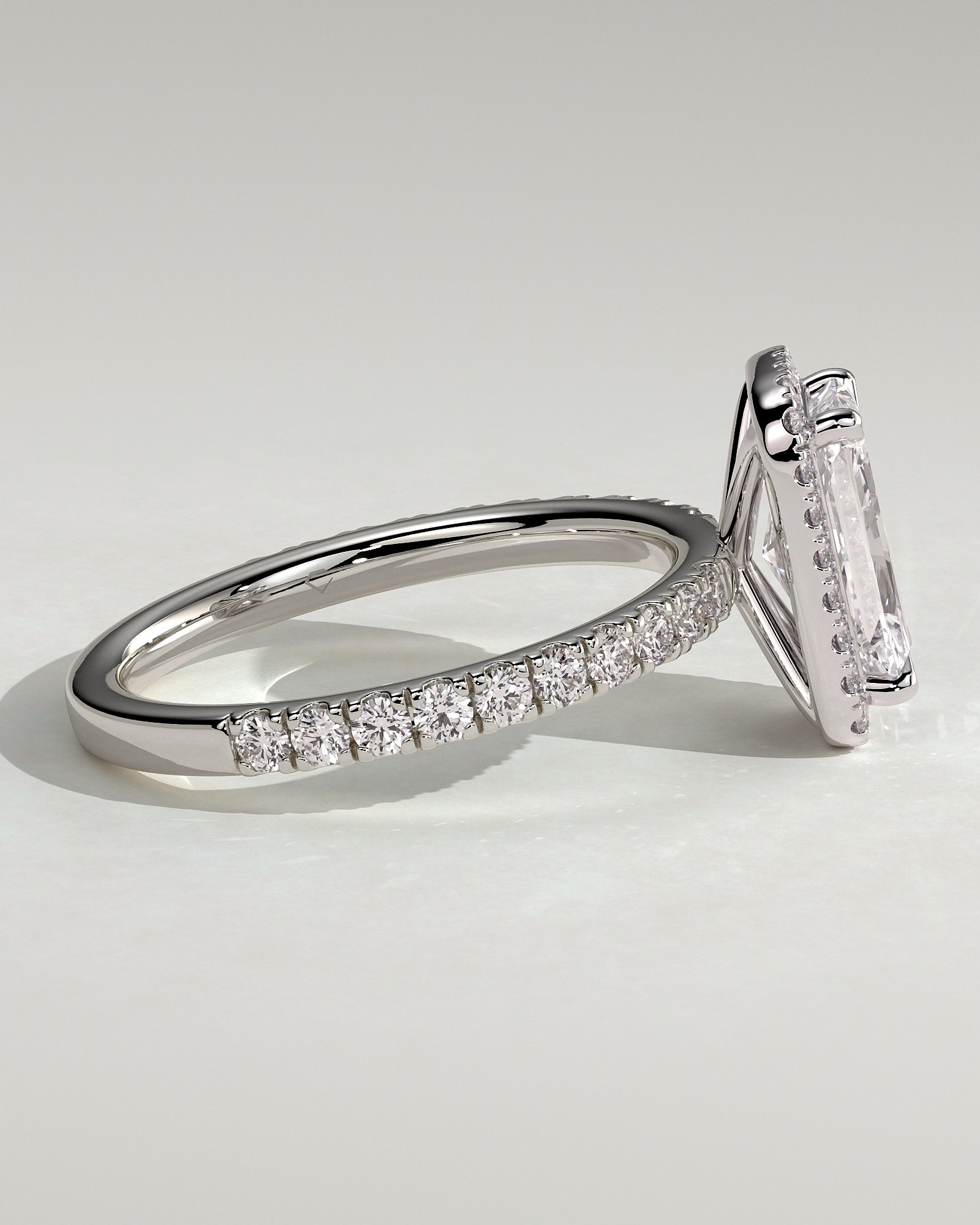 Catherine - Radiant Claw Solitaire with Halo and Pave Band Engagement Ring - Platinum - White Gold / Platinum 2ct