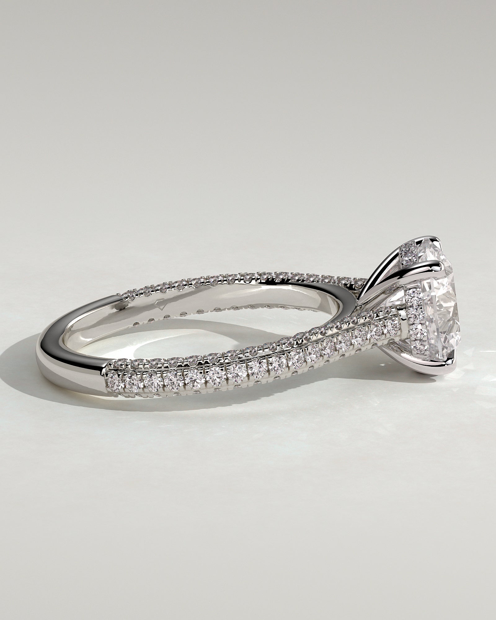 Chelsea - Round Claw Solitaire with Hidden Halo, Triple Pave Band and Cathedral High Setting Engagement Ring - Platinum - White Gold / Platinum 2ct
