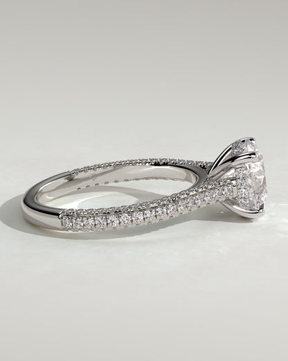 Chelsea - Round Claw Solitaire with Hidden Halo, Triple Pave Band and Cathedral High Setting Engagement Ring - Platinum
