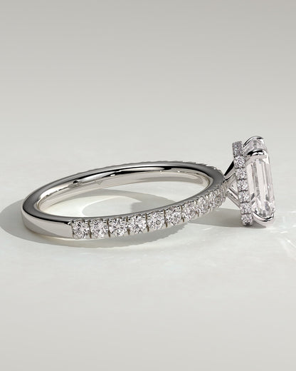 Eliana - Emerald Claw Solitaire with Wrap Around Hidden Halo and Pave Band Engagement Ring - White Gold