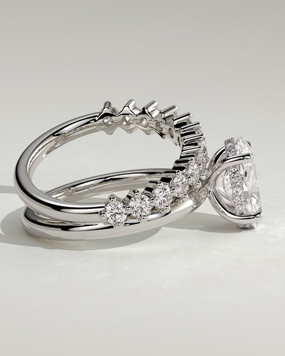 Athena - Oval Claw Solitaire with Double Plain-and-Round-Accent Stones Band Engagement Ring - Platinum