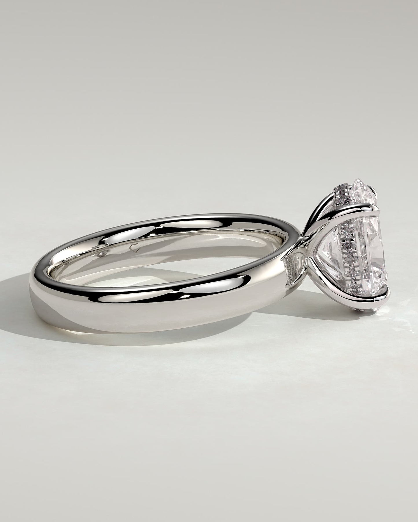 Bronte - Oval Claw Solitaire with Cigar Band and Hidden Halo Engagement Ring - White Gold
