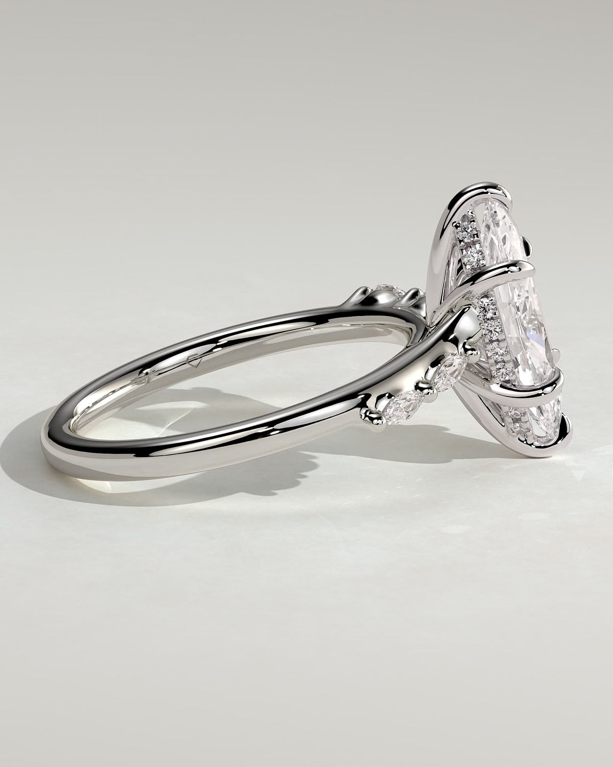 Elsie - Marquise Claw Solitaire with Hidden Halo, Opposing Marquise Accents and Cathedral High Setting Engagement Ring - White Gold