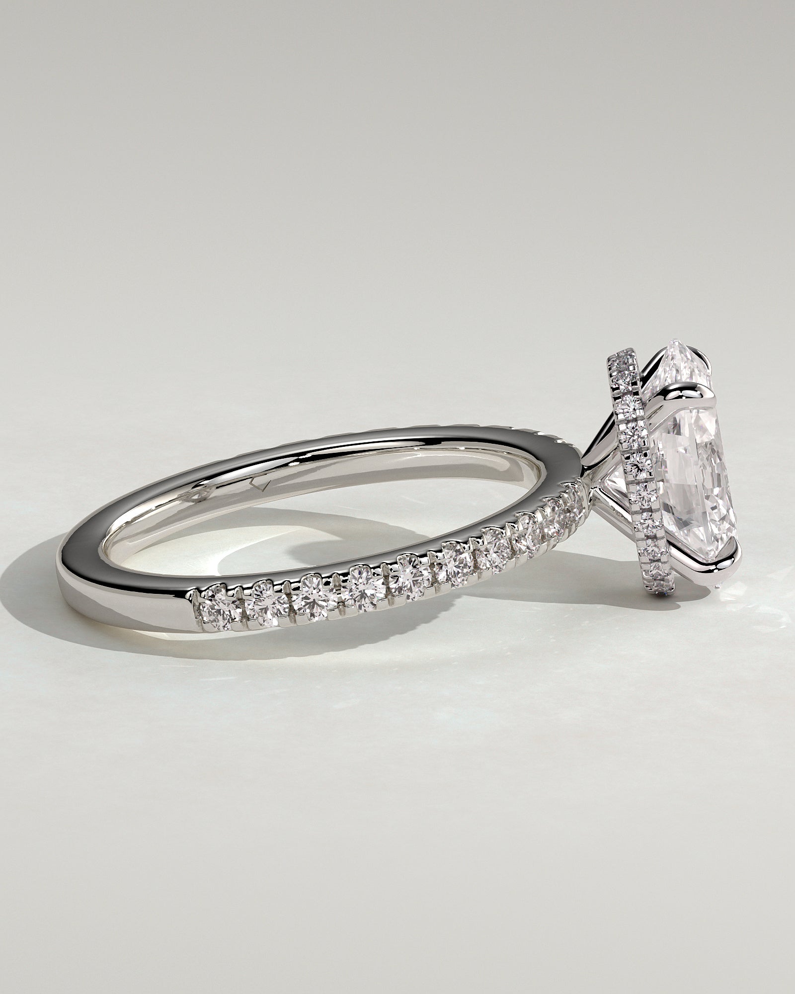 Evangeline - Oval Claw Solitaire with Wrap Around Hidden Halo and Pave Band Engagement Ring - Platinum - White Gold / Platinum 2ct