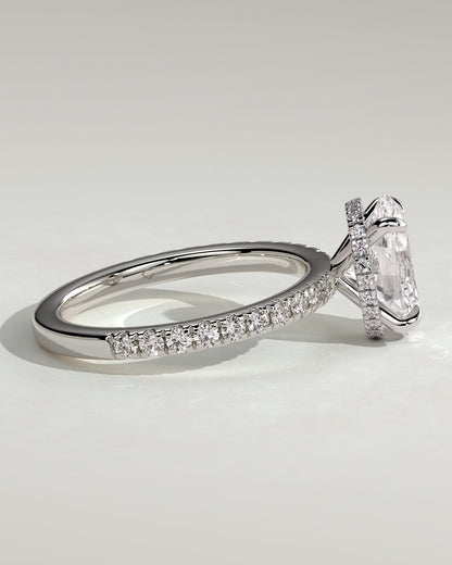 Evangeline - Oval Claw Solitaire with Wrap Around Hidden Halo and Pave Band Engagement Ring - White Gold