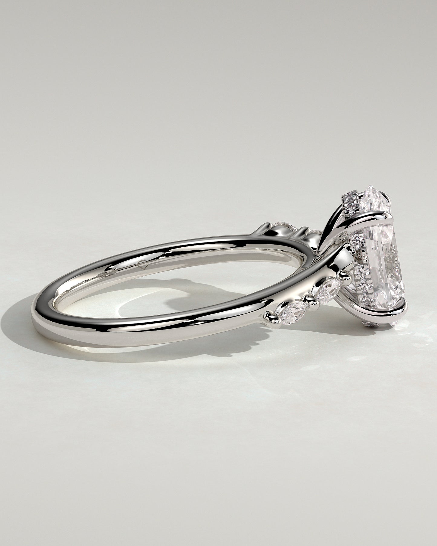 Jamie - Oval Claw Solitaire with Hidden Halo, Opposing Marquise Accents and Cathedral High Setting Engagement Ring - Platinum - White Gold / Platinum 2ct