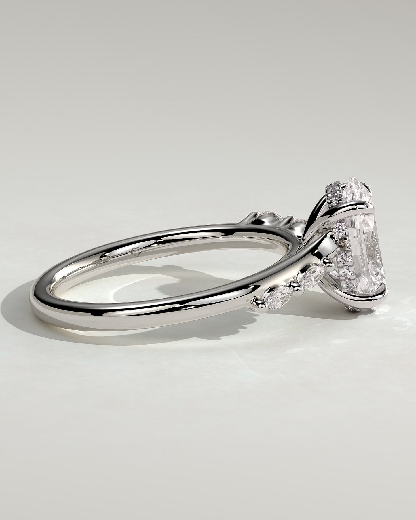 Jamie - Oval Claw Solitaire with Hidden Halo, Opposing Marquise Accents and Cathedral High Setting Engagement Ring - Platinum