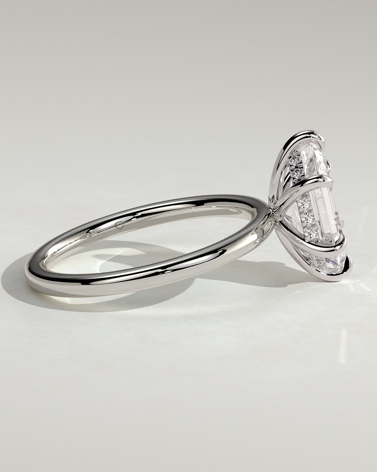 Delta - Elongated Hexagon Claw Solitaire with Hidden Halo Engagement Ring - White Gold