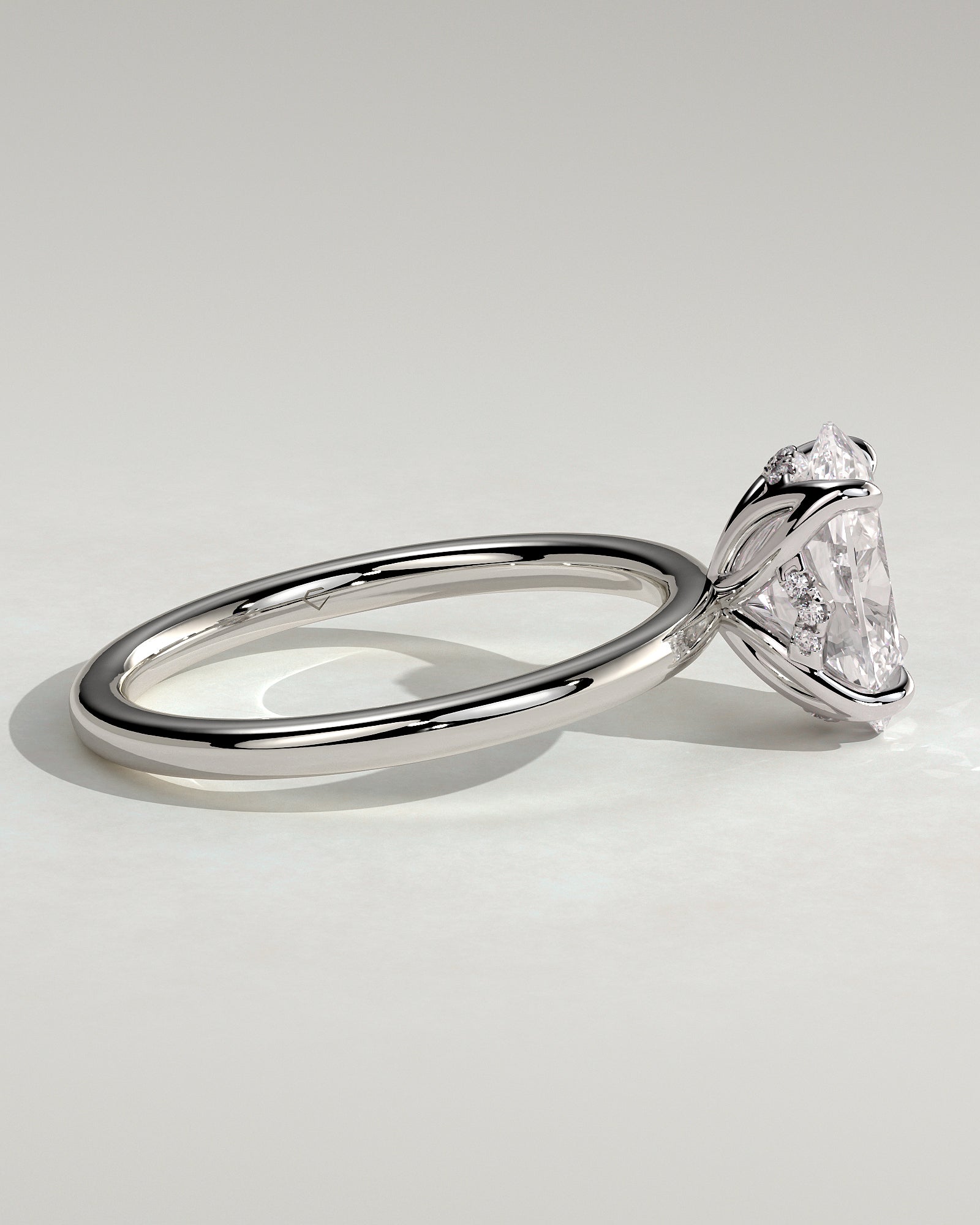 Ivy - Oval Claw Solitaire with Petal Gallery and Accented Tiara Detail Engagement Ring - Platinum - White Gold / Platinum 2ct