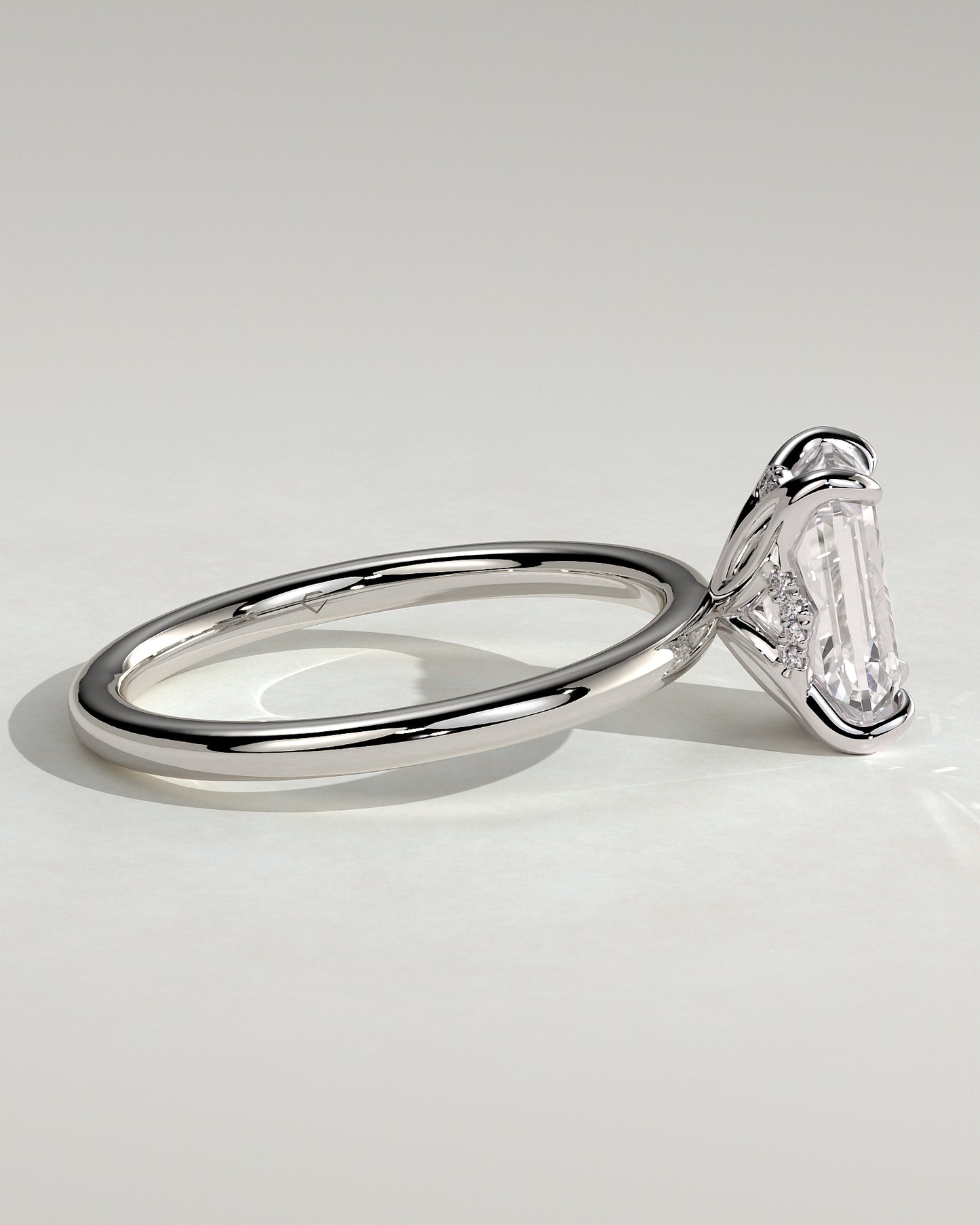 Freesia - Emerald Claw Solitaire with Petal Gallery and Accented Tiara Detail Engagement Ring - Platinum - White Gold / Platinum 2ct