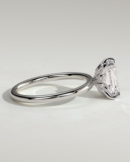 Dove - Emerald Claw Solitaire with Petal Gallery and Accent Leaf Detail Engagement Ring - White Gold