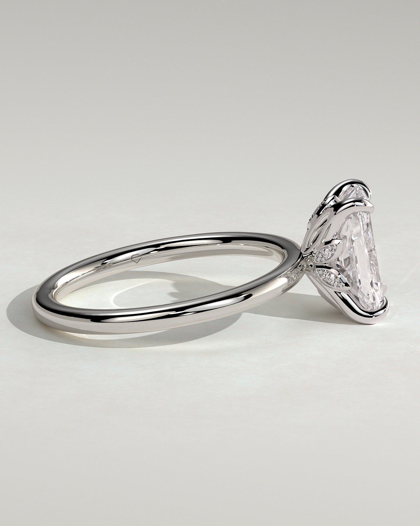 Evie - Radiant Claw Solitaire with Petal Gallery and Accent Leaf Detail Engagement Ring - Platinum - White Gold / Platinum 2ct