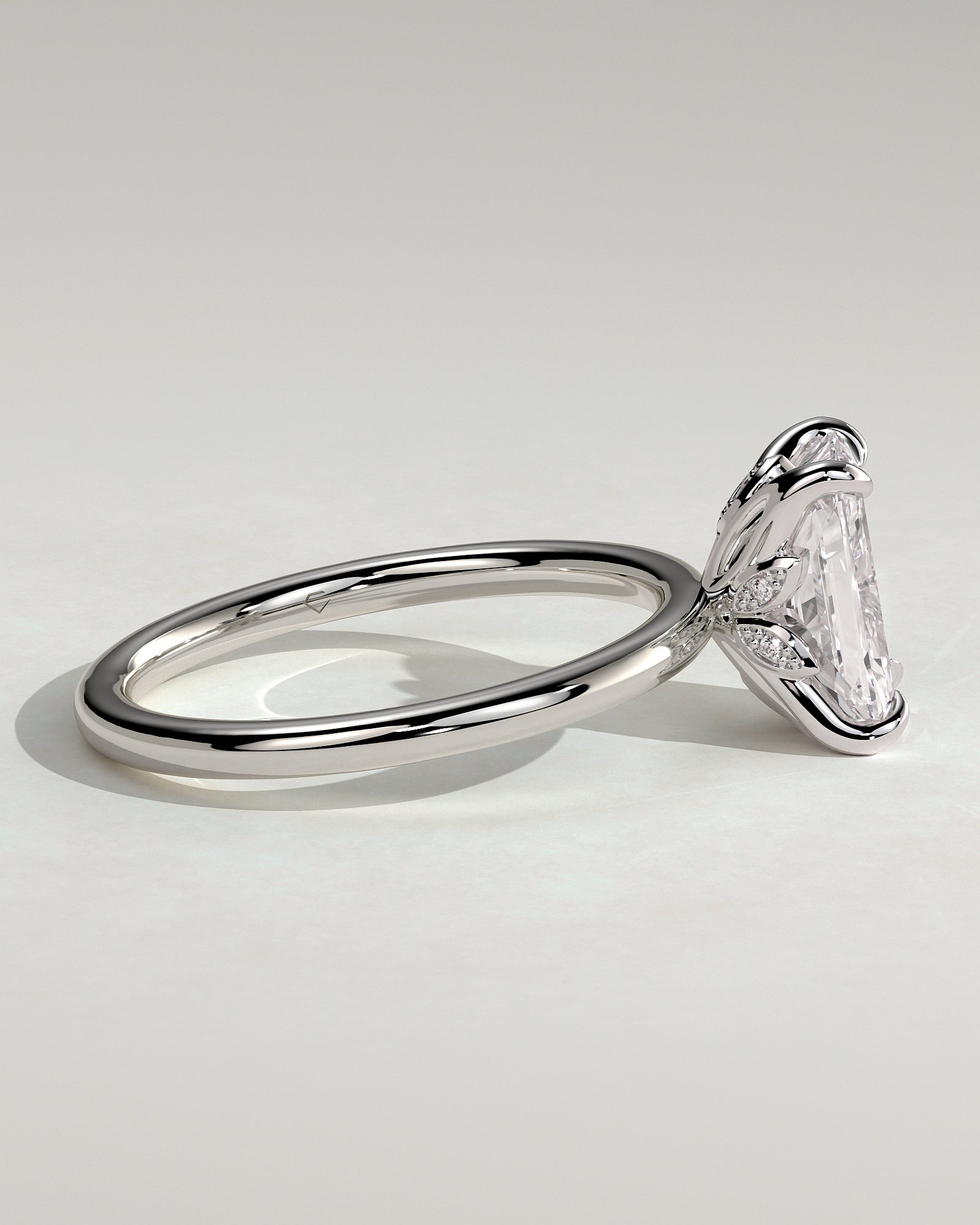 Evie - Radiant Claw Solitaire with Petal Gallery and Accent Leaf Detail Engagement Ring - Platinum - White Gold / Platinum 2ct
