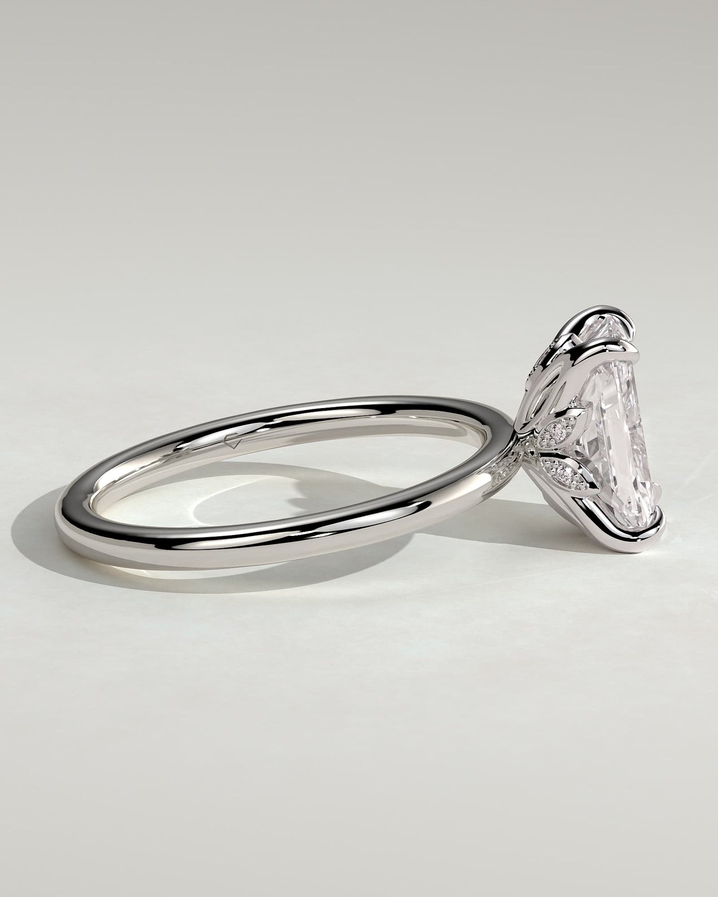 Evie - Radiant Claw Solitaire with Petal Gallery and Accent Leaf Detail Engagement Ring - White Gold