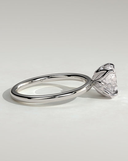 Joy - Round Claw Solitaire with Petal Gallery and Accent Leaf Detail Engagement Ring - White Gold