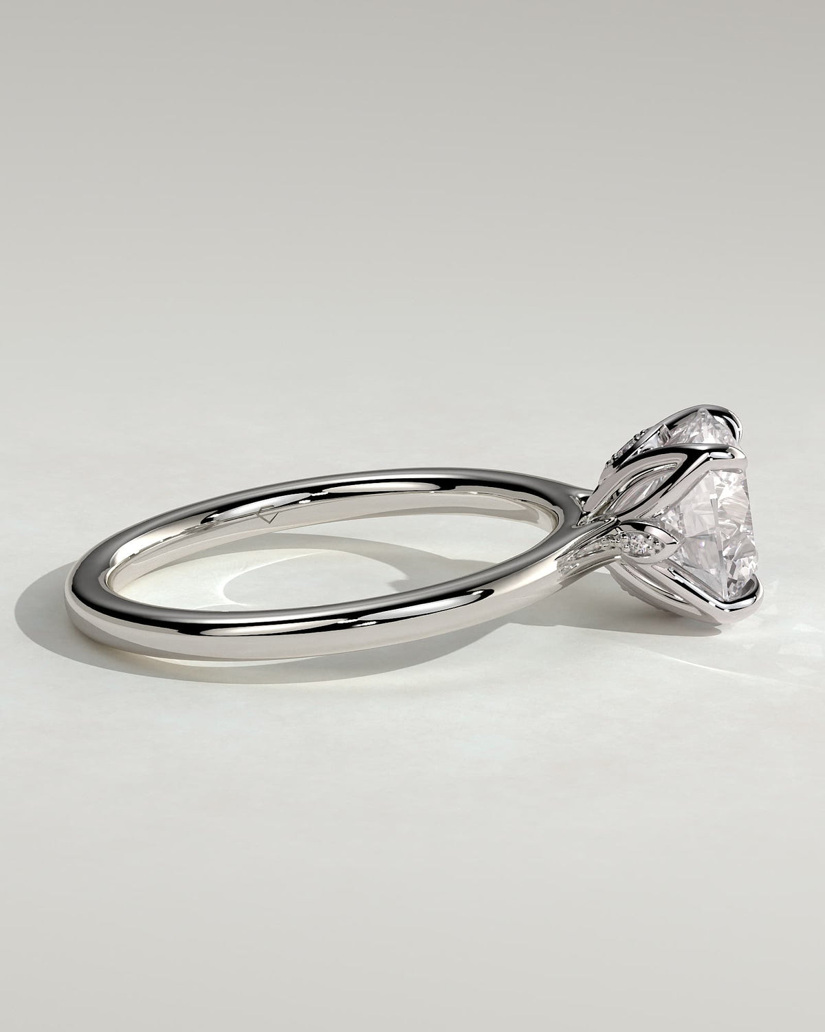 Brianna - Round Claw Solitaire with Petal Gallery, Accent Leaf Detail and Cathedral Setting Engagement Ring - White Gold