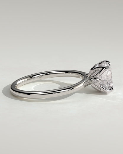 Brianna - Round Claw Solitaire with Petal Gallery, Accent Leaf Detail and Cathedral Setting Engagement Ring - White Gold