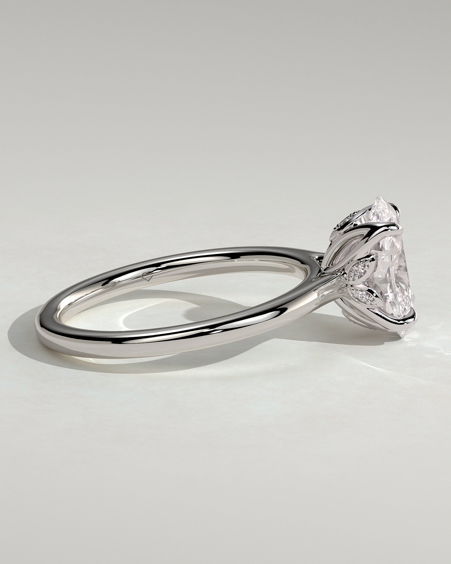 Erica - Oval Claw Solitaire with Petal Gallery, Accent Leaf Detail and Cathedral Setting Engagement Ring - Platinum - White Gold / Platinum 2ct