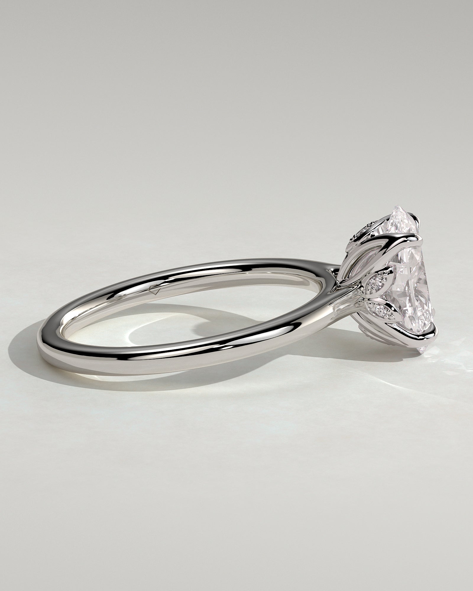 Erica - Oval Claw Solitaire with Petal Gallery, Accent Leaf Detail and Cathedral Setting Engagement Ring - Platinum - White Gold / Platinum 2ct