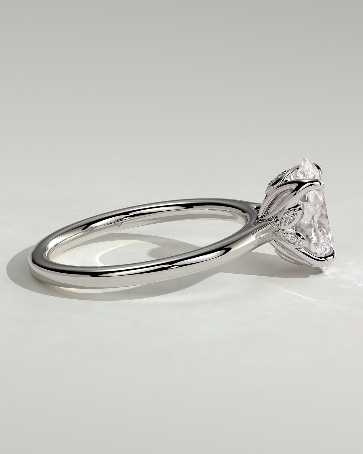 Erica - Oval Claw Solitaire with Petal Gallery, Accent Leaf Detail and Cathedral Setting Engagement Ring - White Gold