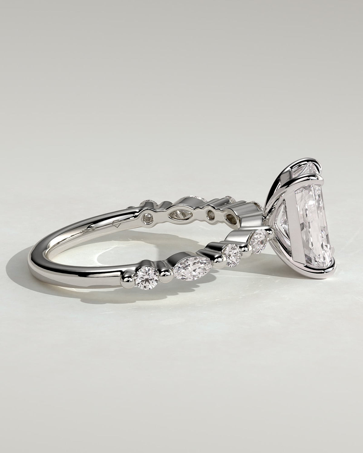 Dayna - Radiant Claw Solitaire with Marquise and Round Accent Stones Engagement Ring - White Gold
