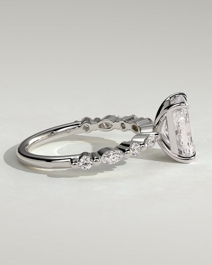 Dayna - Radiant Claw Solitaire with Marquise and Round Accent Stones Engagement Ring - White Gold