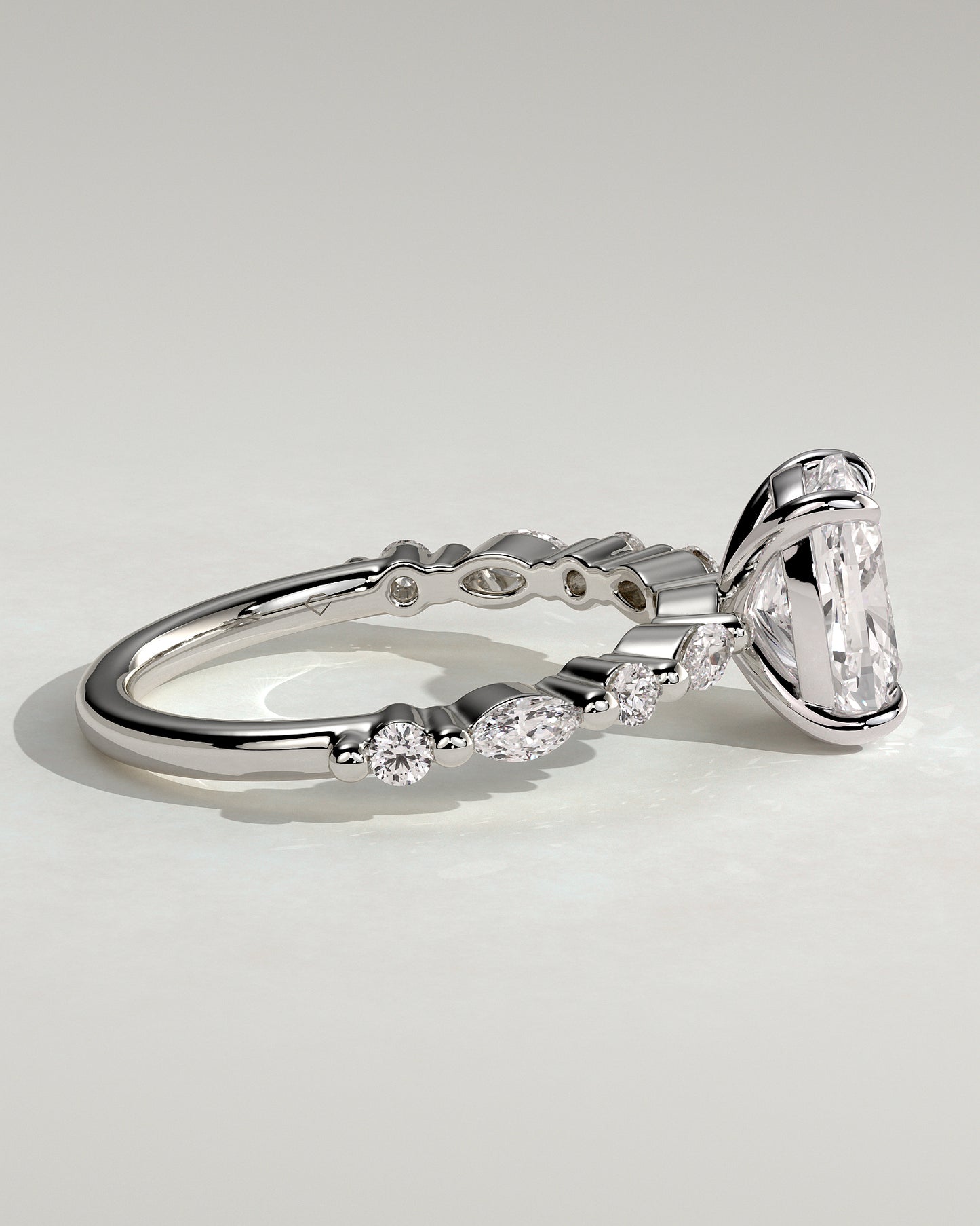 Delphine - Elongated Cushion Claw Solitaire with Marquise and Round Accent Stones Engagement Ring - Platinum - White Gold / Platinum 2ct