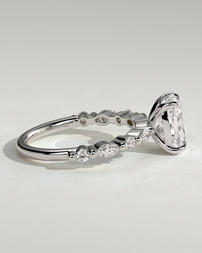 Delphine - Elongated Cushion Claw Solitaire with Marquise and Round Accent Stones Engagement Ring - White Gold