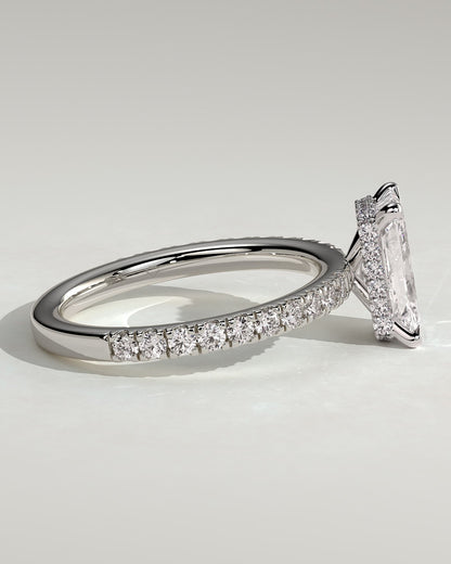 Ellie - Radiant Claw Solitaire with Wrap Around Hidden Halo and Pave Band Engagement Ring - Platinum