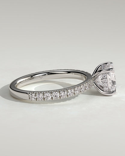 Claudia - Cushion Claw Solitaire with Hidden Halo and Pave Band Engagement Ring - Platinum