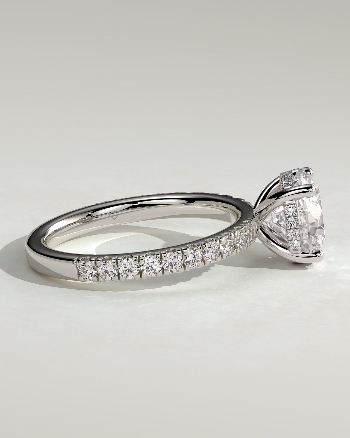 Charlie - Round Claw Solitaire with Hidden Halo and Pave Band Engagement Ring - White Gold
