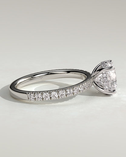 Charlie - Round Claw Solitaire with Hidden Halo and Pave Band Engagement Ring - White Gold