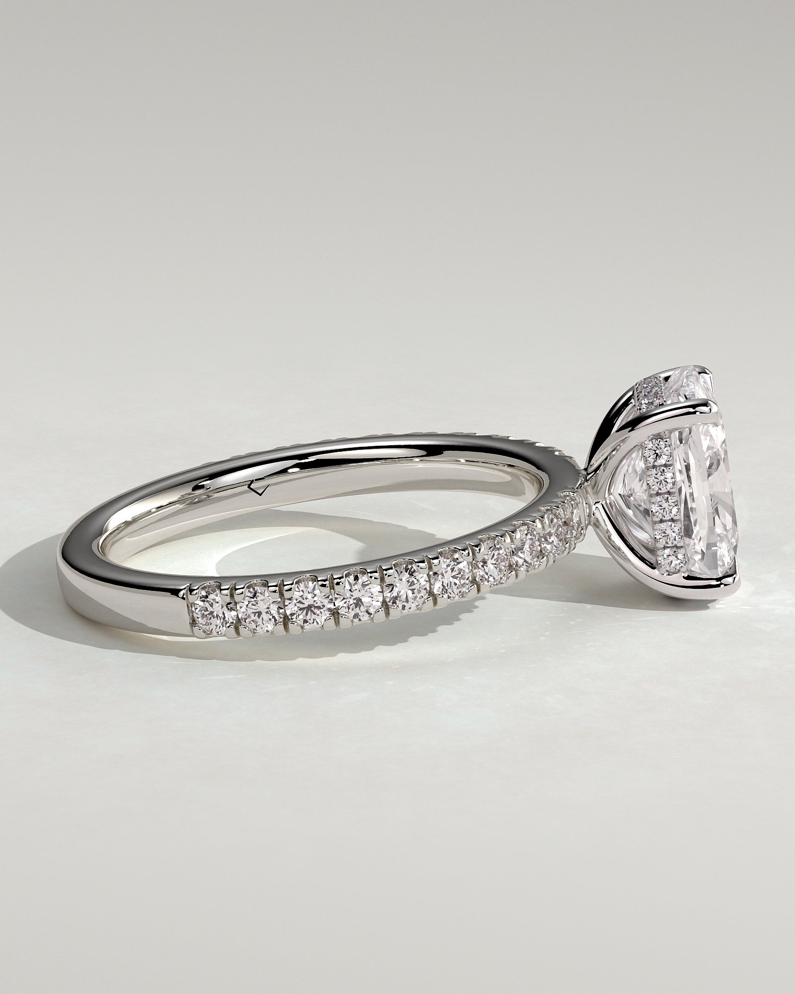 Camilla - Elongated Cushion Claw Solitaire with Hidden Halo and Pave Band Engagement Ring - Platinum - White Gold / Platinum 2ct