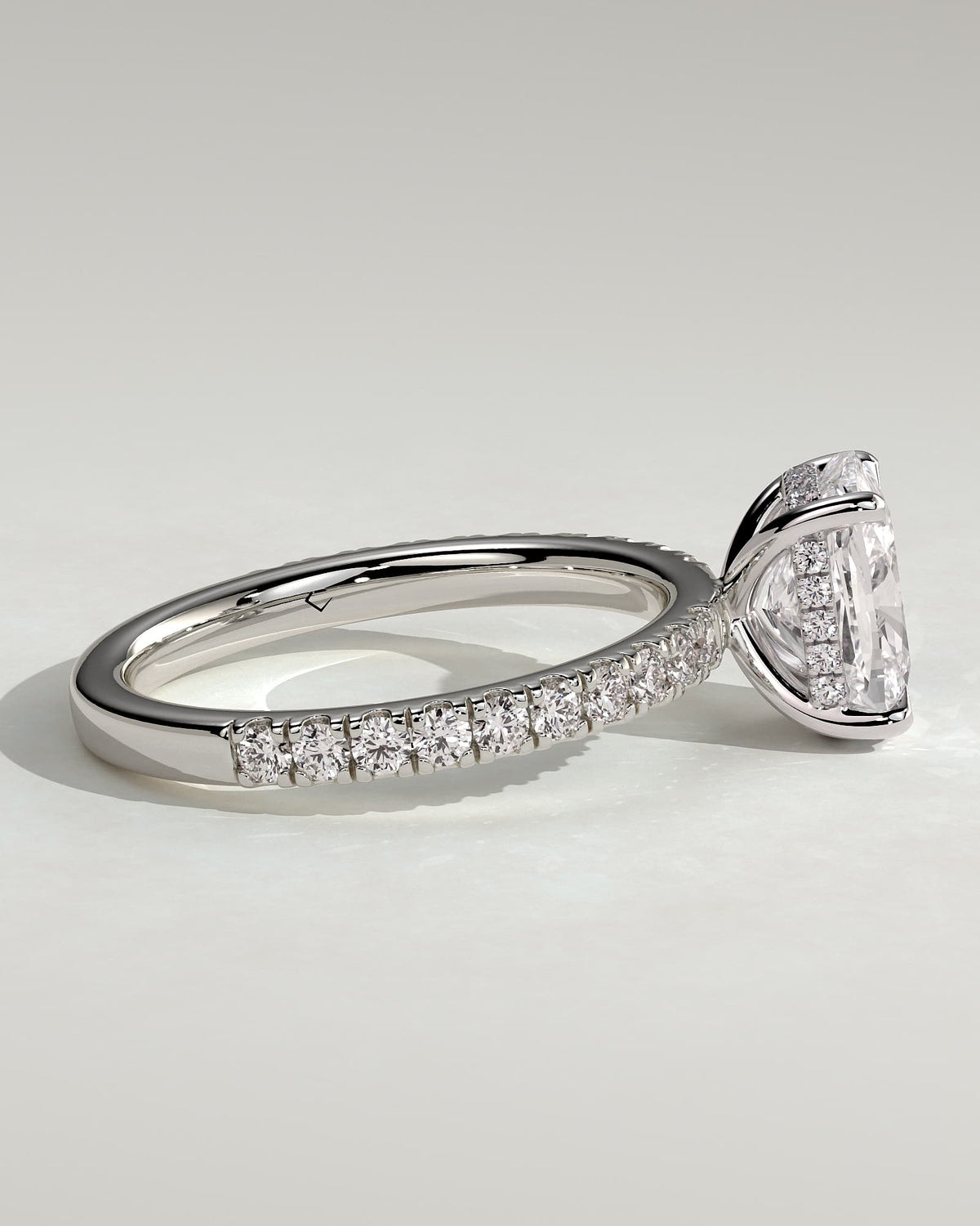 Camilla - Elongated Cushion Claw Solitaire with Hidden Halo and Pave Band Engagement Ring - White Gold