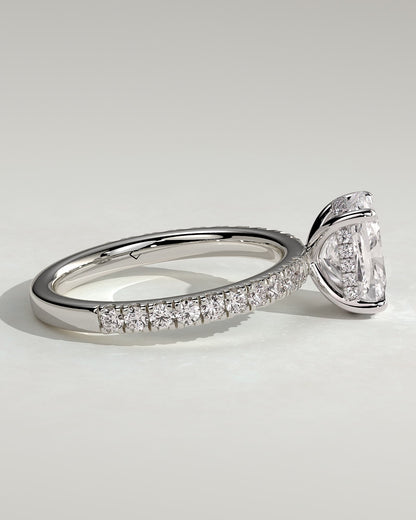 Camilla - Elongated Cushion Claw Solitaire with Hidden Halo and Pave Band Engagement Ring - White Gold