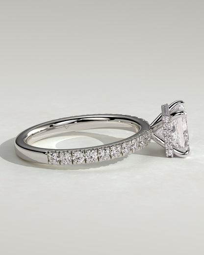 Brooklyn - Princess Claw Solitaire with Wrap Around Hidden Halo and Pave Band Engagement Ring - Platinum