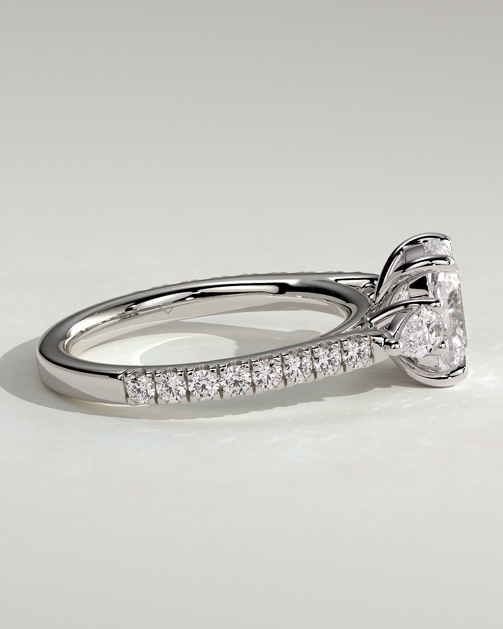 Bree - Elongated Cushion Claw Trilogy with Pear Side Stones and Pave Band Engagement Ring - Platinum - White Gold / Platinum 2ct