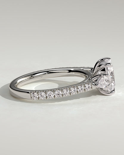 Bree - Elongated Cushion Claw Trilogy with Pear Side Stones and Pave Band Engagement Ring - White Gold