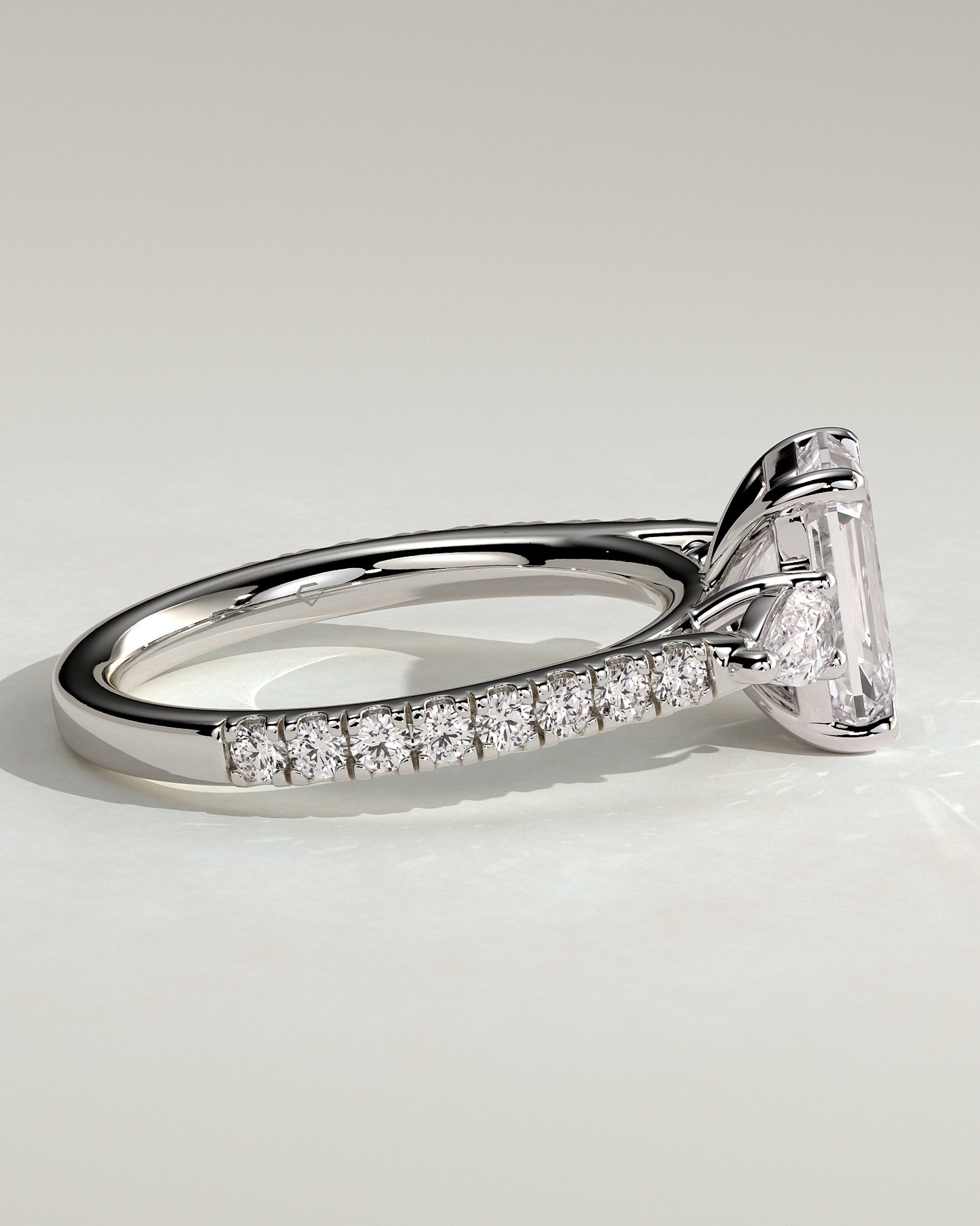 Autumn - Emerald Claw Trilogy with Pear Side Stones and Pave Band Engagement Ring - Platinum - White Gold / Platinum 2ct
