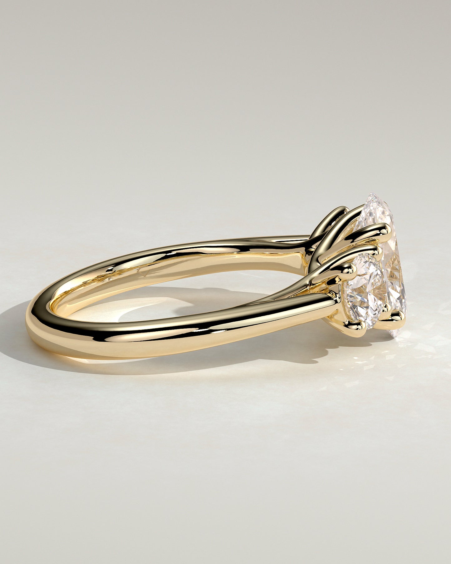 Grace - Oval Claw Trilogy with Round Side Stones, Open Trellis Gallery and Tapered Band Engagement Ring - Yellow Gold - Yellow Gold 2ct