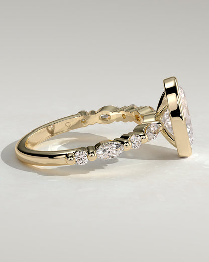 Aylin - Oval Bezel Solitaire with Marquise-Round Accent Stones Engagement Ring - Yellow Gold