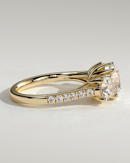 Ella - Round Claw Trilogy with Round Side Stones, Pave Band and Trellis Gallery  Engagement Ring - Yellow Gold