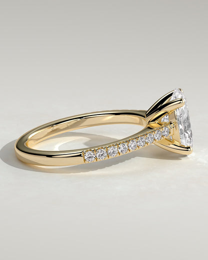 Eloise - Oval Claw Solitaire with Pave Band and Solid Cathedral Low Setting Engagement Ring - Yellow Gold