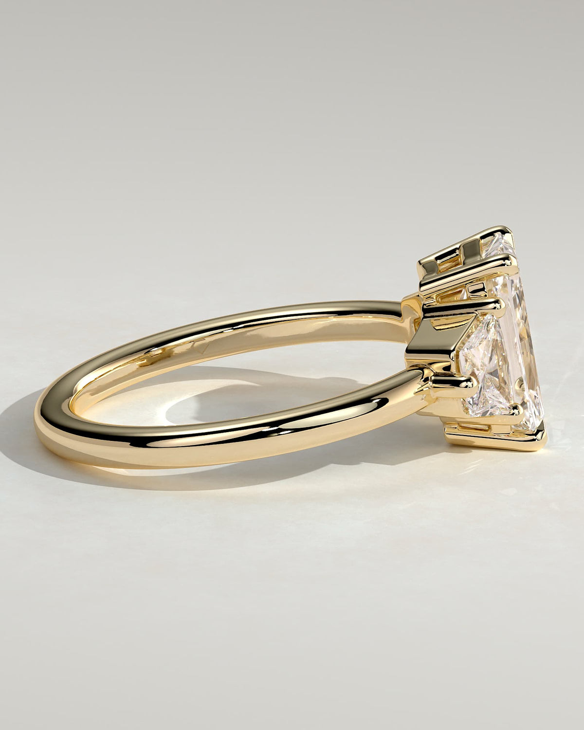 Juliette - Radiant Claw Trilogy with Trapezoid Side Stones and Low Setting Engagement Ring - Yellow Gold