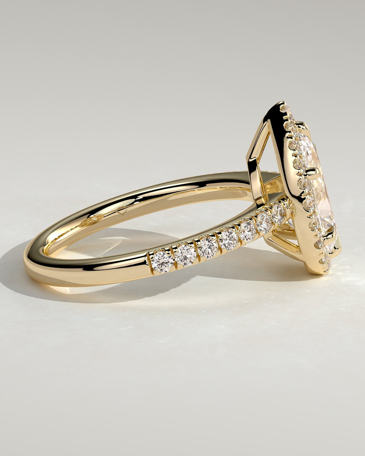 Kirsten - Pear Claw Solitaire with Pave Band and Halo and Low Setting Engagement Ring - Yellow Gold