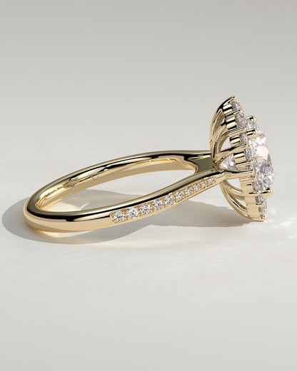 Jessica - Round Claw Solitaire with Graduating Halo and Bead Set Micropave and Tapered Band Engagement Ring - Yellow Gold